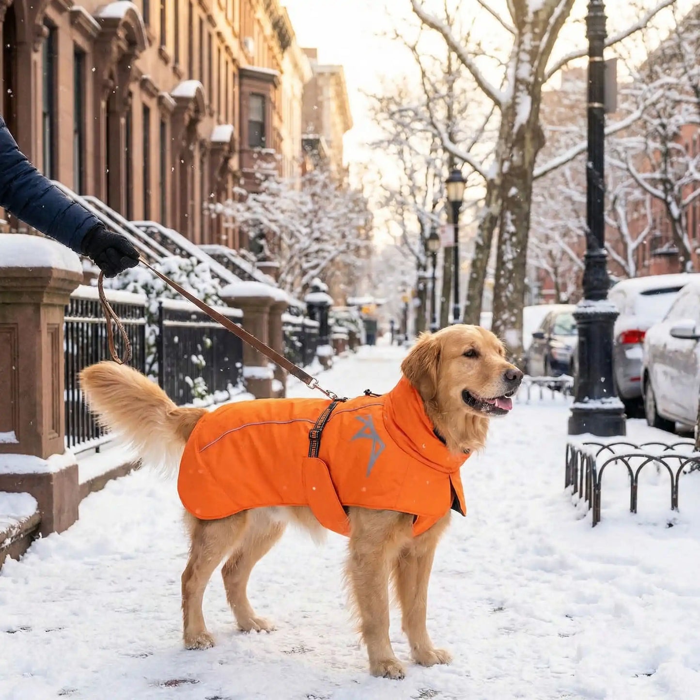 Un labrador en laisse sur un trottoir en ville avec son manteau pour chien d'hiver orange.