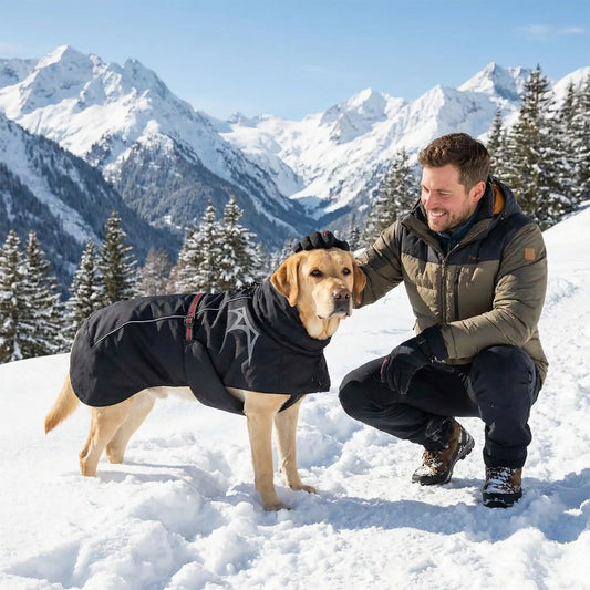 Un homme en randonnée dans les montagnes enneigées avec son labrador qui porte son manteau pour chien d'hiver.