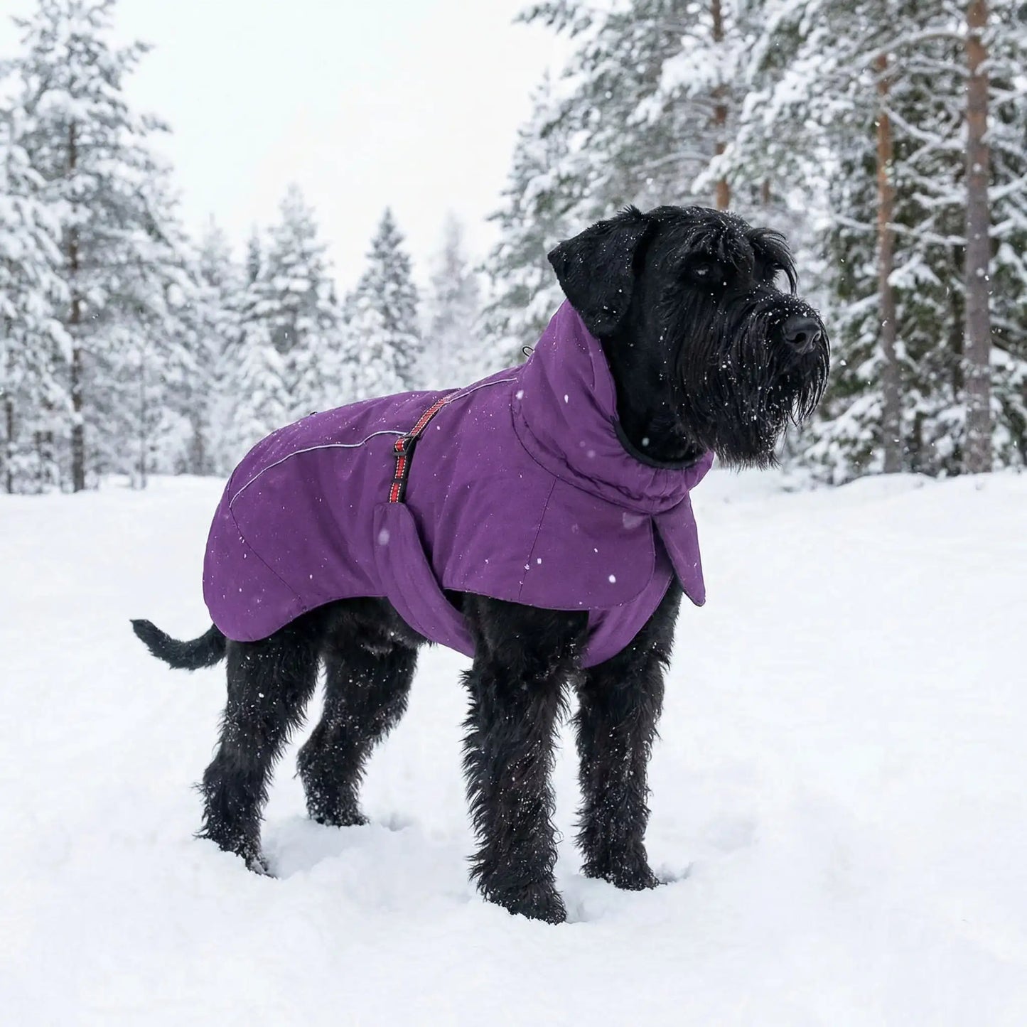 Un grand schnauzer noir dans une forêt enneigée avec son manteau pour chien d'hiver violet.