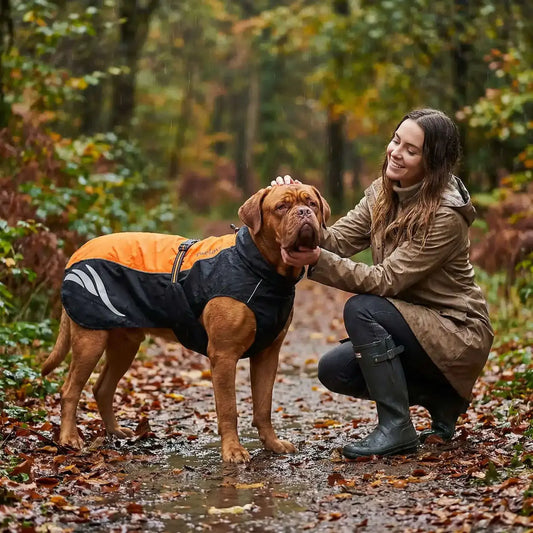 Une femme dans la forêt sous la pluie avec son dogue de Bordeaux qui porte le manteau pour chien imperméable orange.