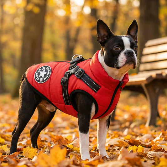 Un Boston terrier dans un parc avec un manteau pour chien Modeux rouge.