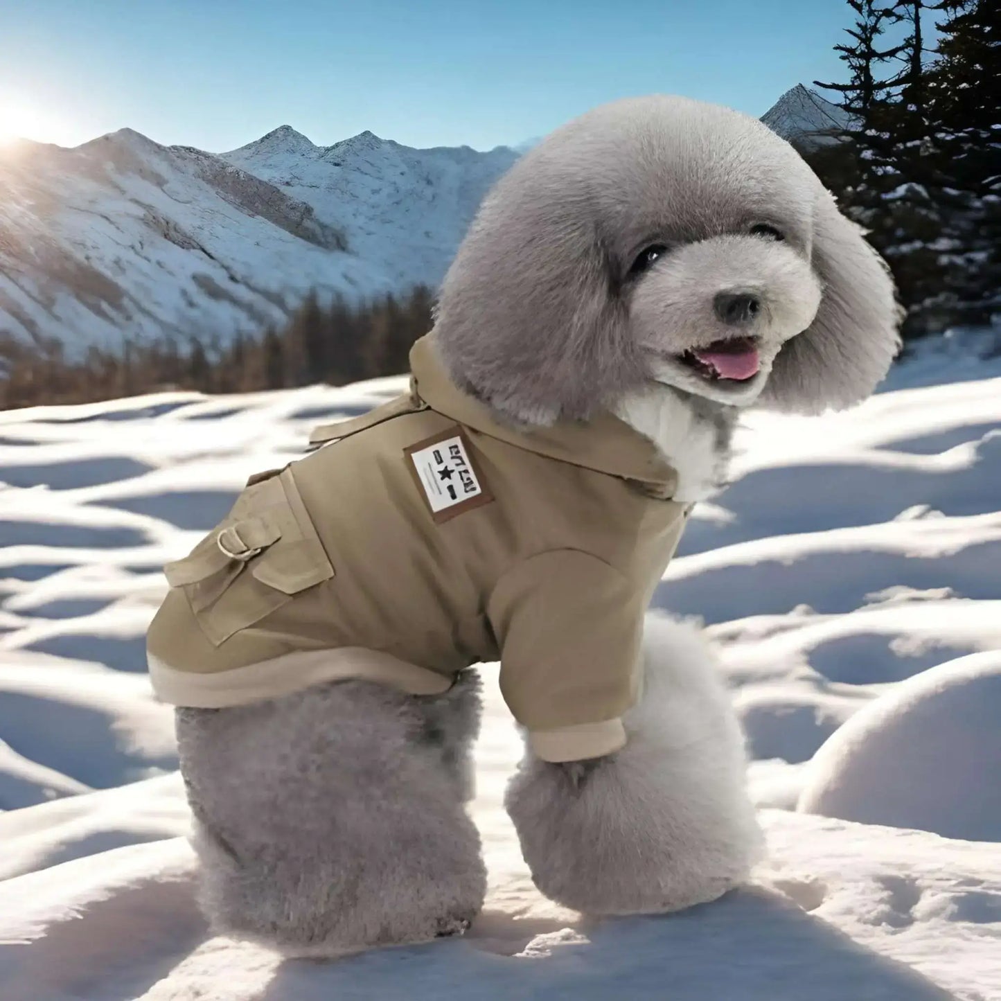 Un caniche assis sur la neige dans les montagnes est vêtu d'un manteau pour chien beige.