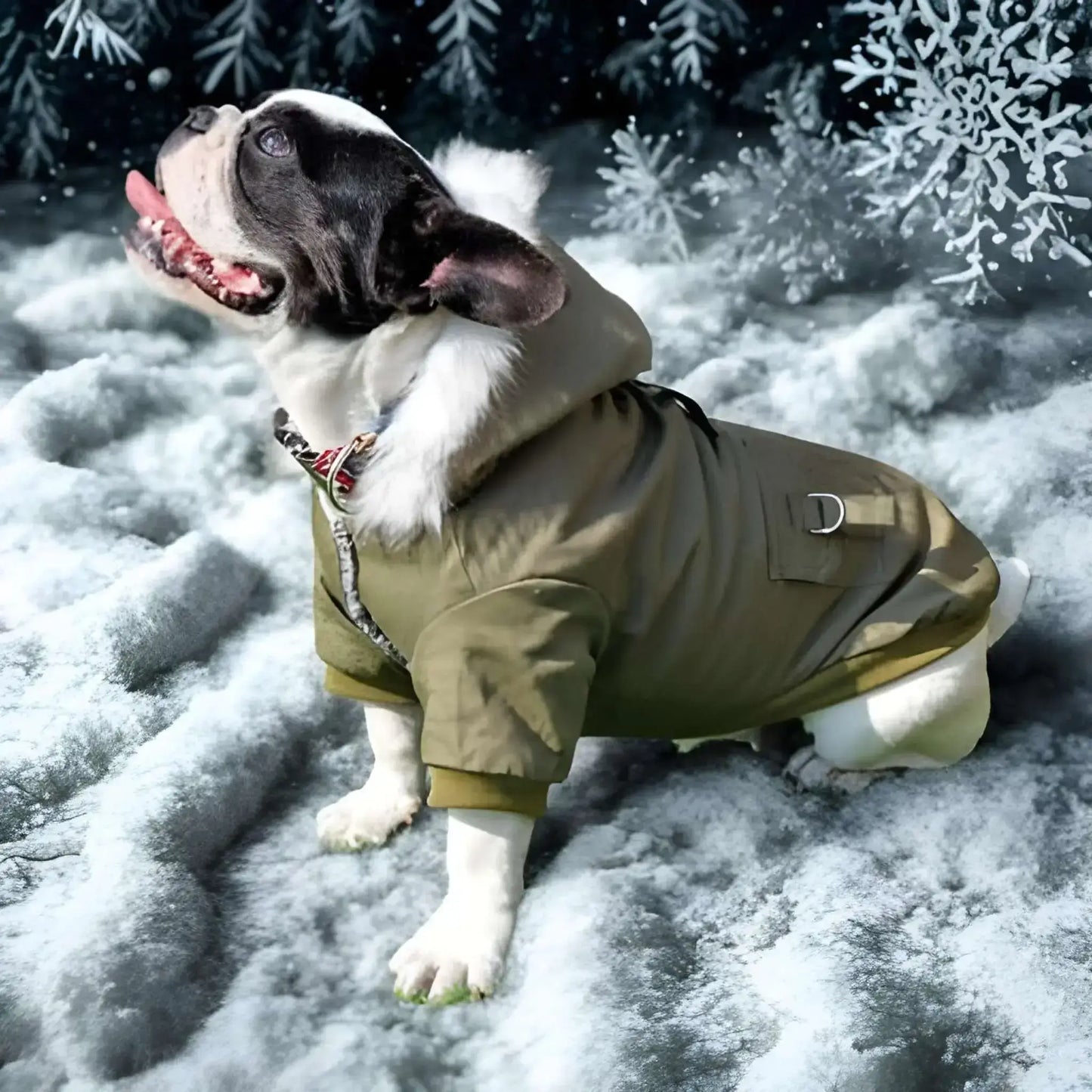 Un bouledogue français vêtu d'un manteau pour chien vert armé est assis sur la neige.