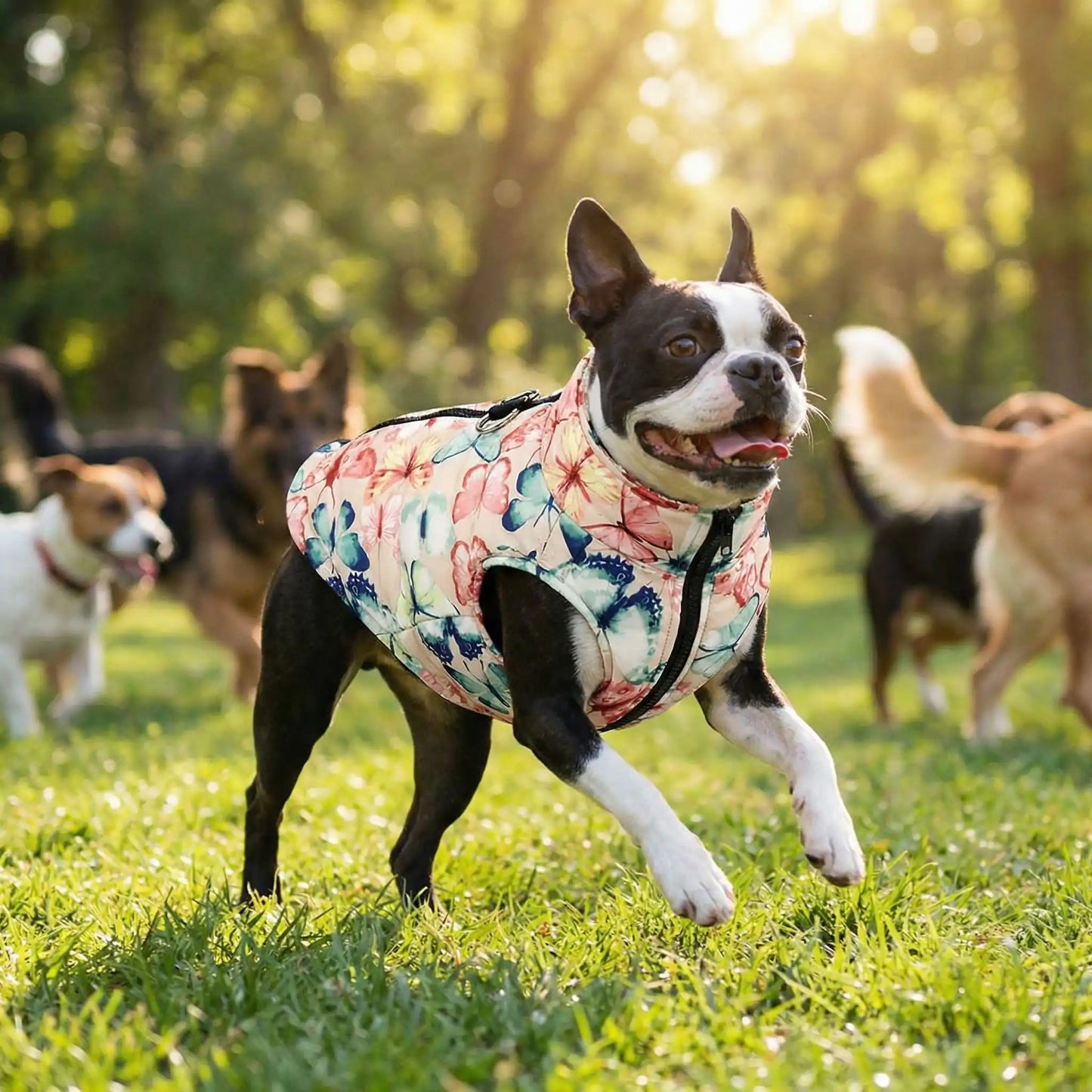 Un Boston terrier joue avec d'autres chiens dans un parc à chiens avec son manteau imperméable pour chien blanc avec motif papillon.