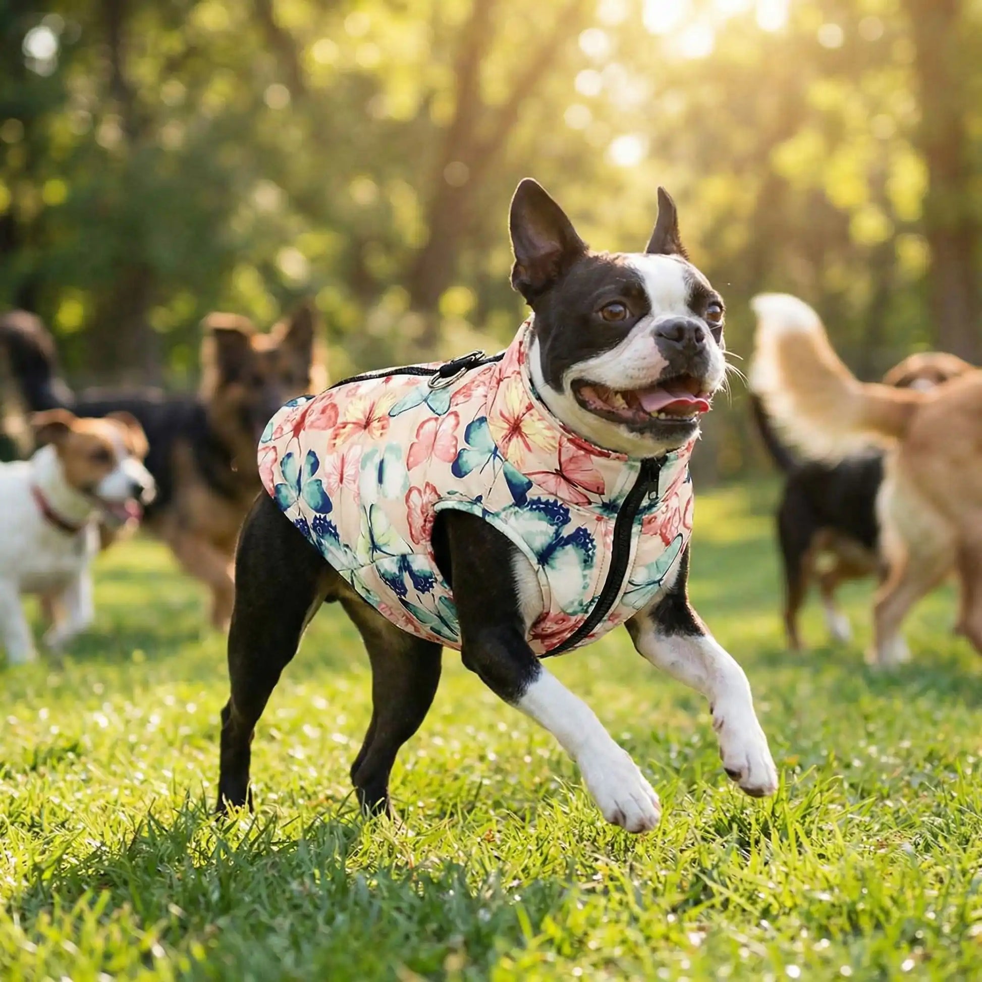 Un Boston terrier joue avec d'autres chiens dans un parc à chiens avec son manteau imperméable pour chien blanc avec motif papillon.