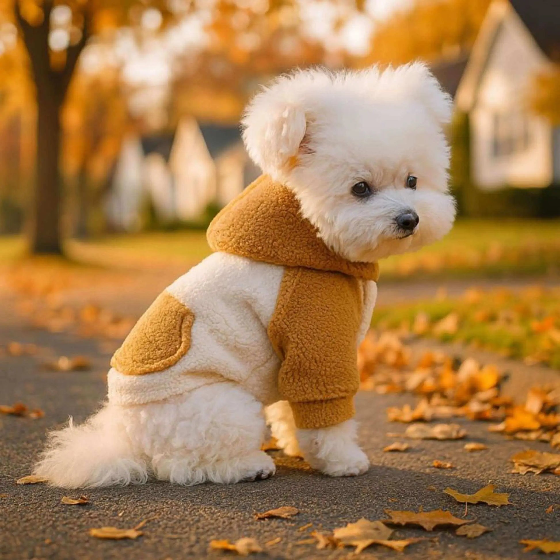 Une vue latérale d'un bichon frisé assis dans la rue en automne est vêtu d'un manteau pour petit chien de couleur caramel.