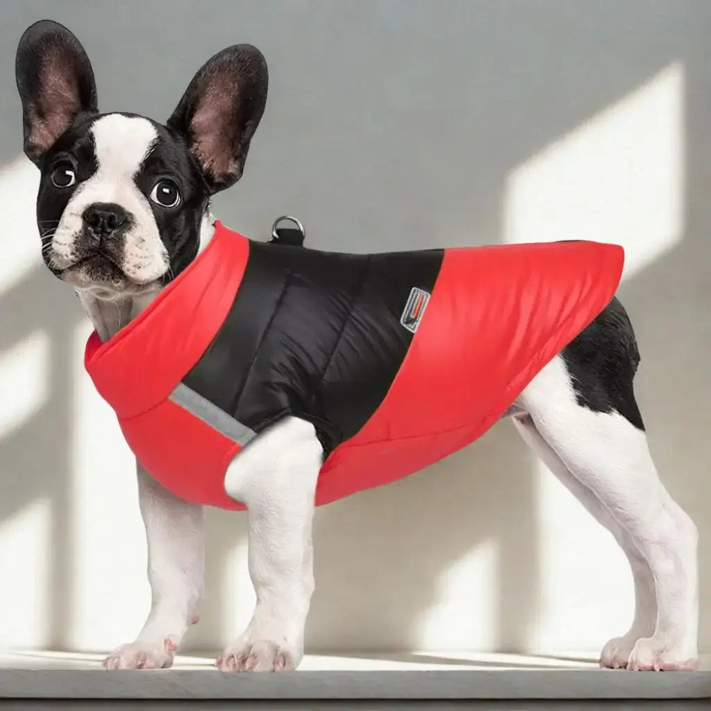 Vue latérale d'un bouledogue français vêtu d'un manteau pour chien rouge.