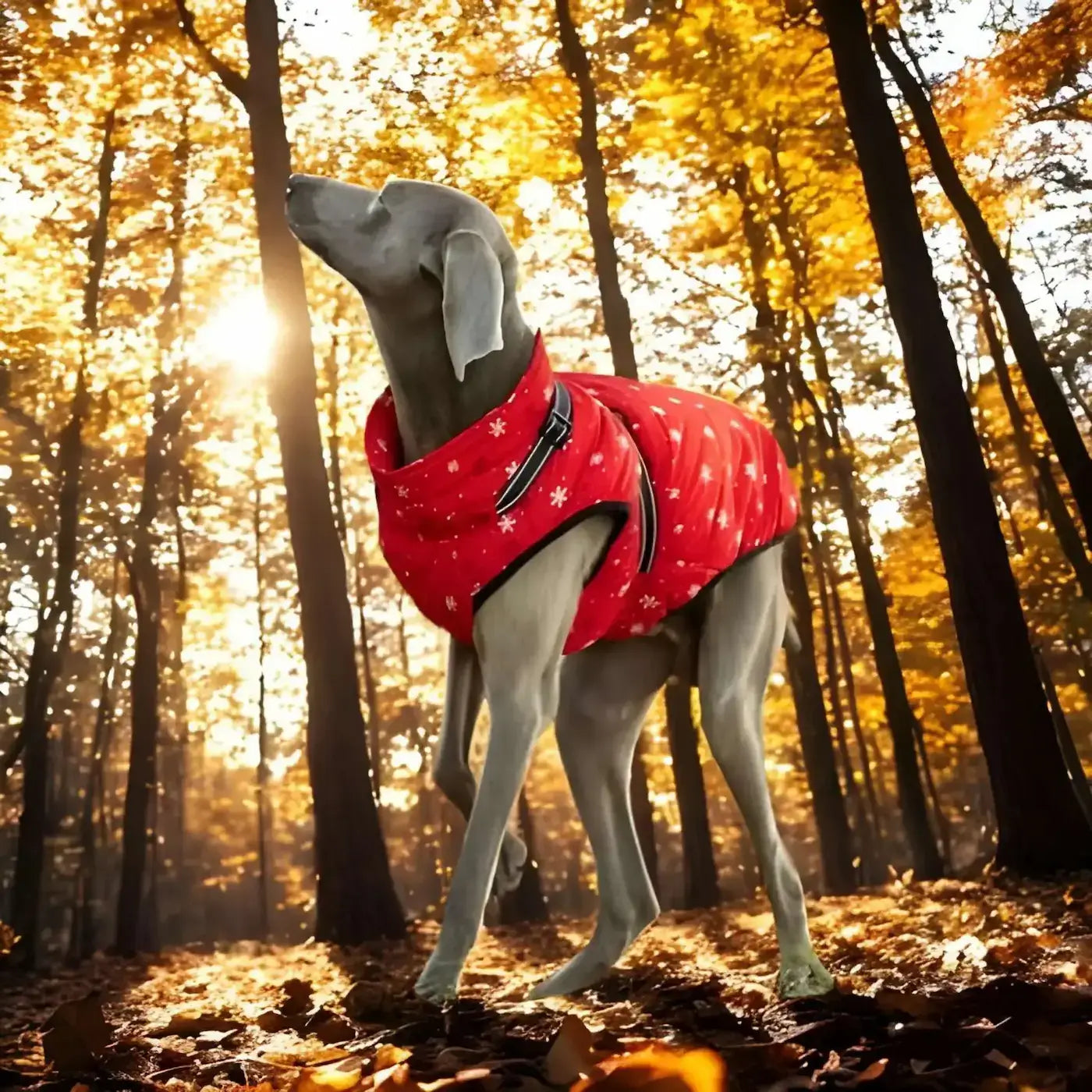 Un braque allemand dans la forêt en automne est vêtu d'un manteau pour chien rouge avec motif d'étoile.