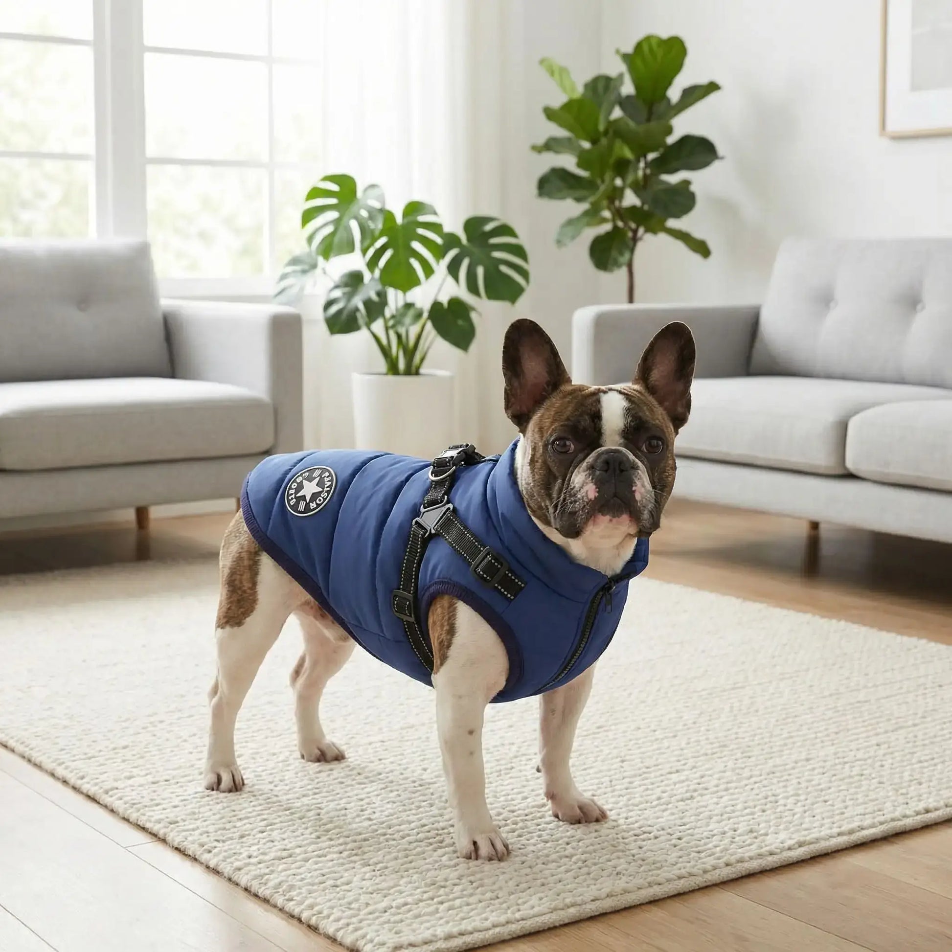 Un bouledogue français dans un salon est vêtu d'un manteau pour chien bleu.