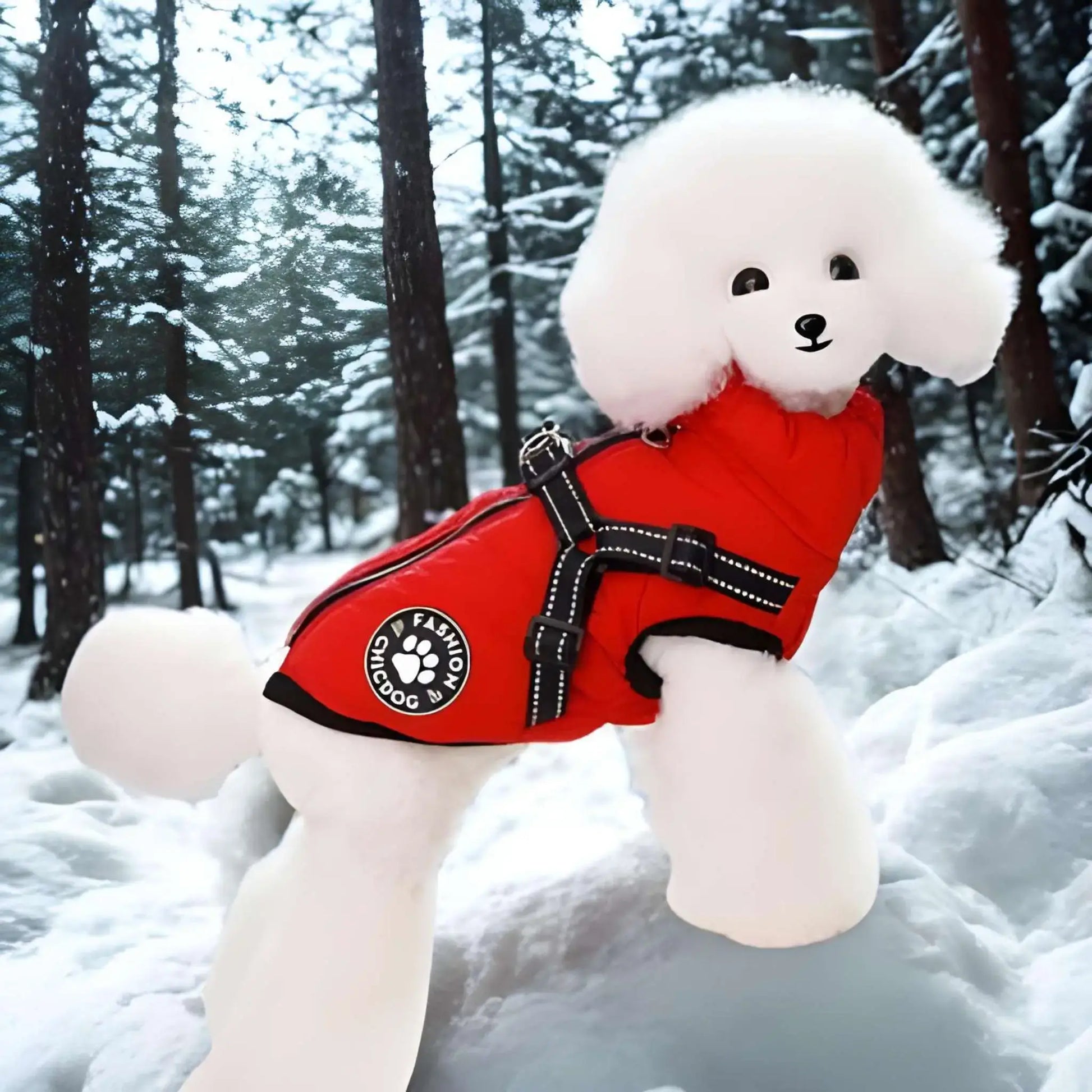 Un caniche dans une forêt enneigée vêtu d'un manteau pour chien rouge.