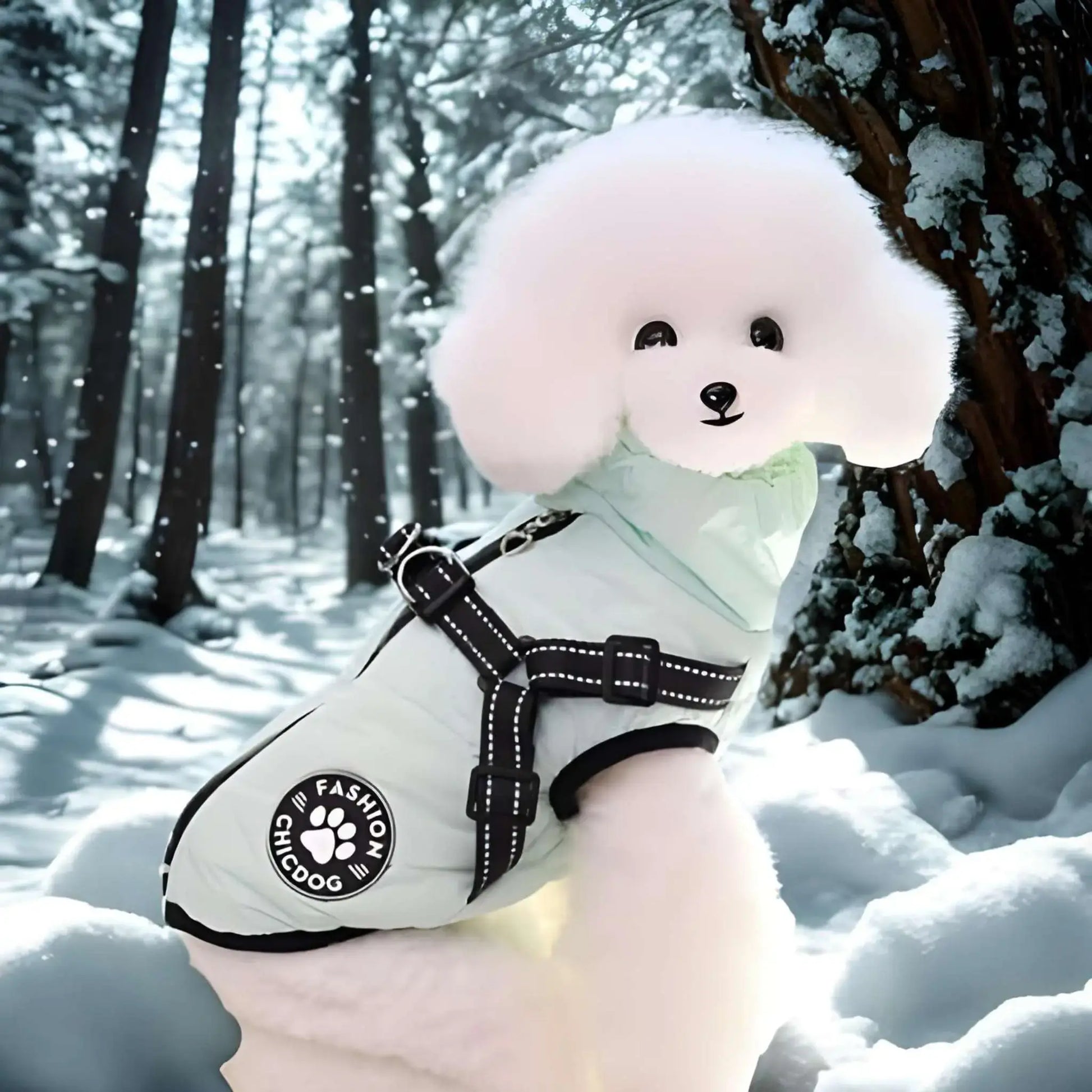 Un bichon frisé blanc dans la neige avec son manteau pour chien Élégantine.
