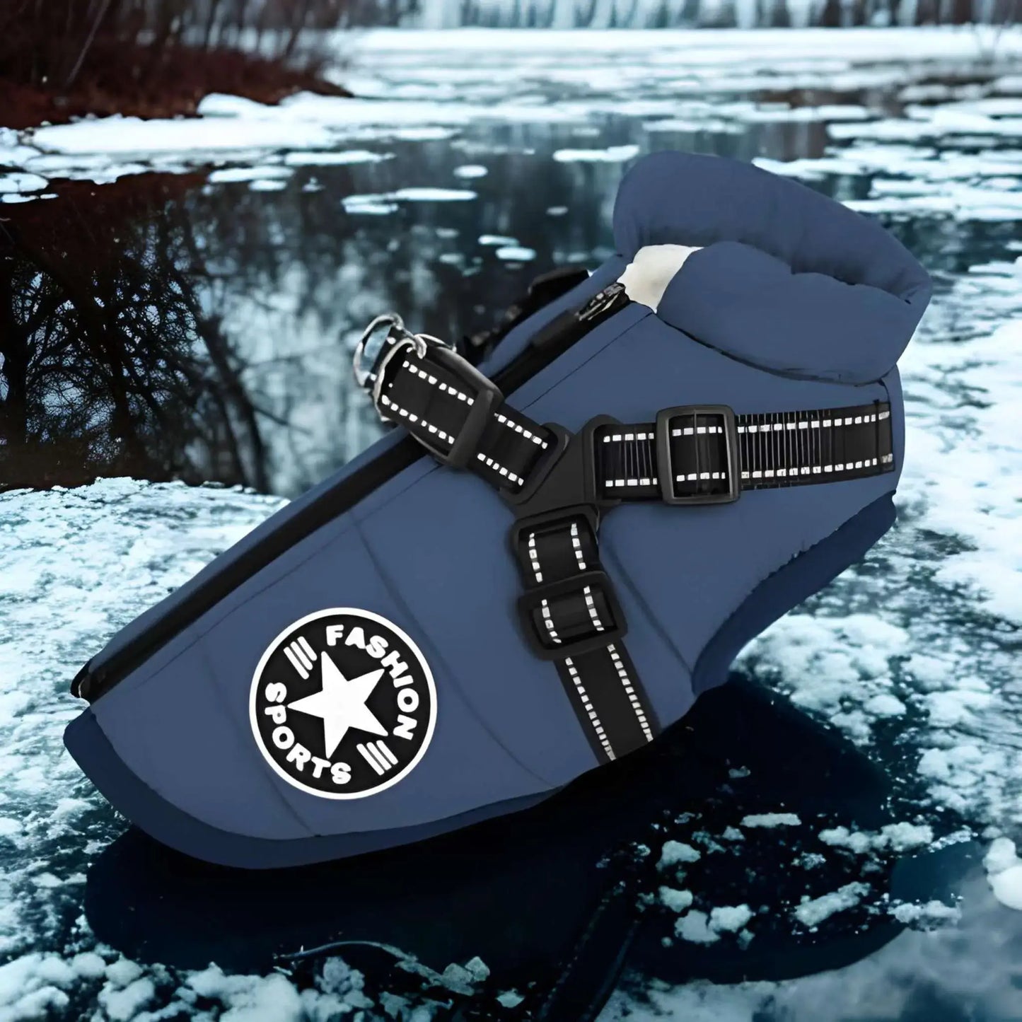 Un manteau pour chien de couleur bleue sur un lac glacé