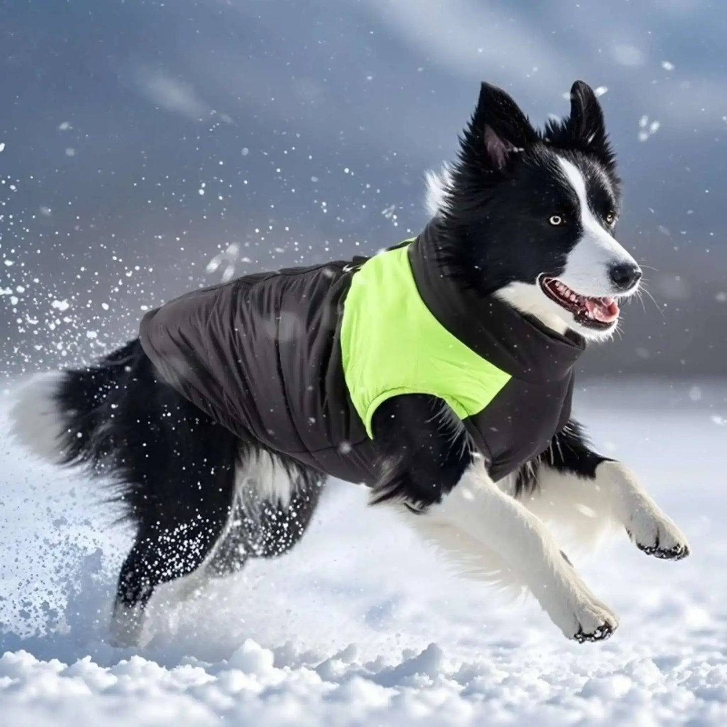 Un border collie court dans la neige vêtu de son manteau pour chien vert.