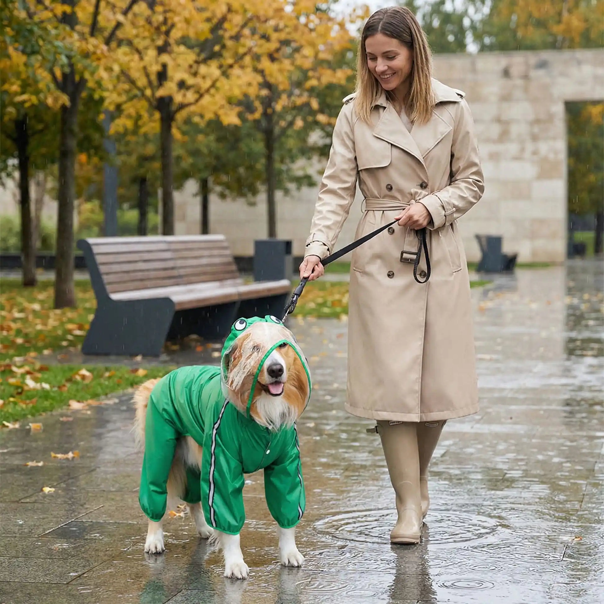 Une femme avec son colley sur le trottoir sous la pluie avec son manteau pour chien de pluie vert design grenouille