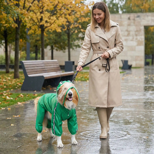 Une femme avec son colley sur le trottoir sous la pluie avec son manteau pour chien de pluie vert design grenouille