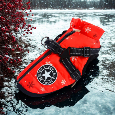 manteau pour chien rouge avec flocon glace hivers