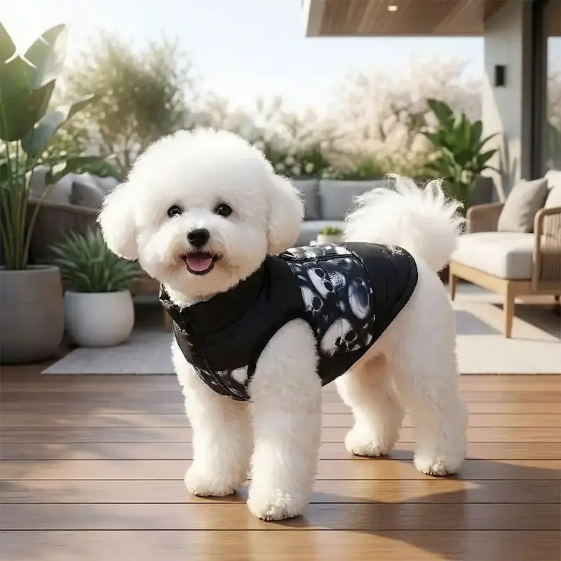 Un bichon frisé sur une terrasse est vêtu d'un manteau pour chien noir avec motif tête de mort.