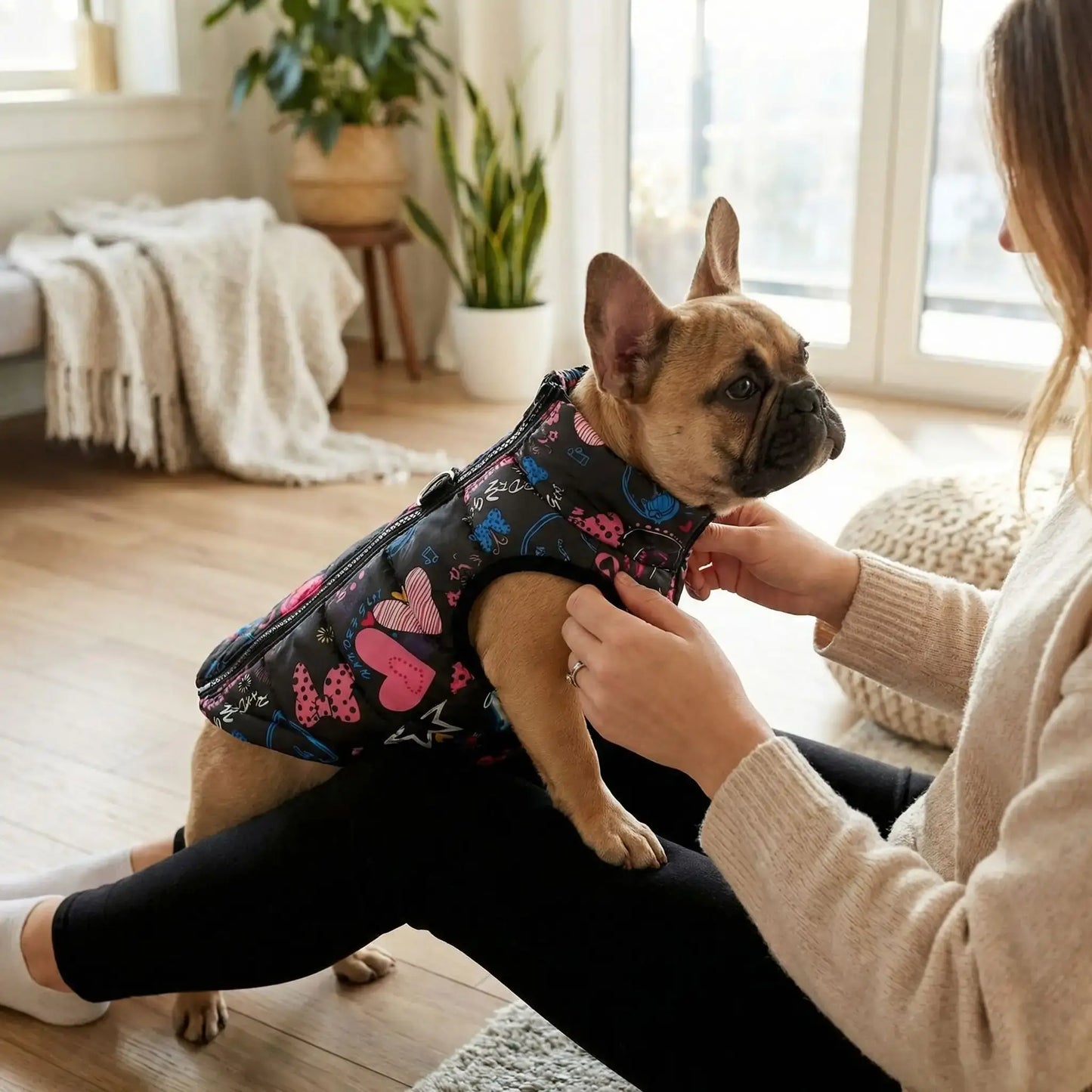 Un bouledogue français avec sa maîtresse dans un salon est vêtu d'un manteau pour chien noir au motif avec cœur.
