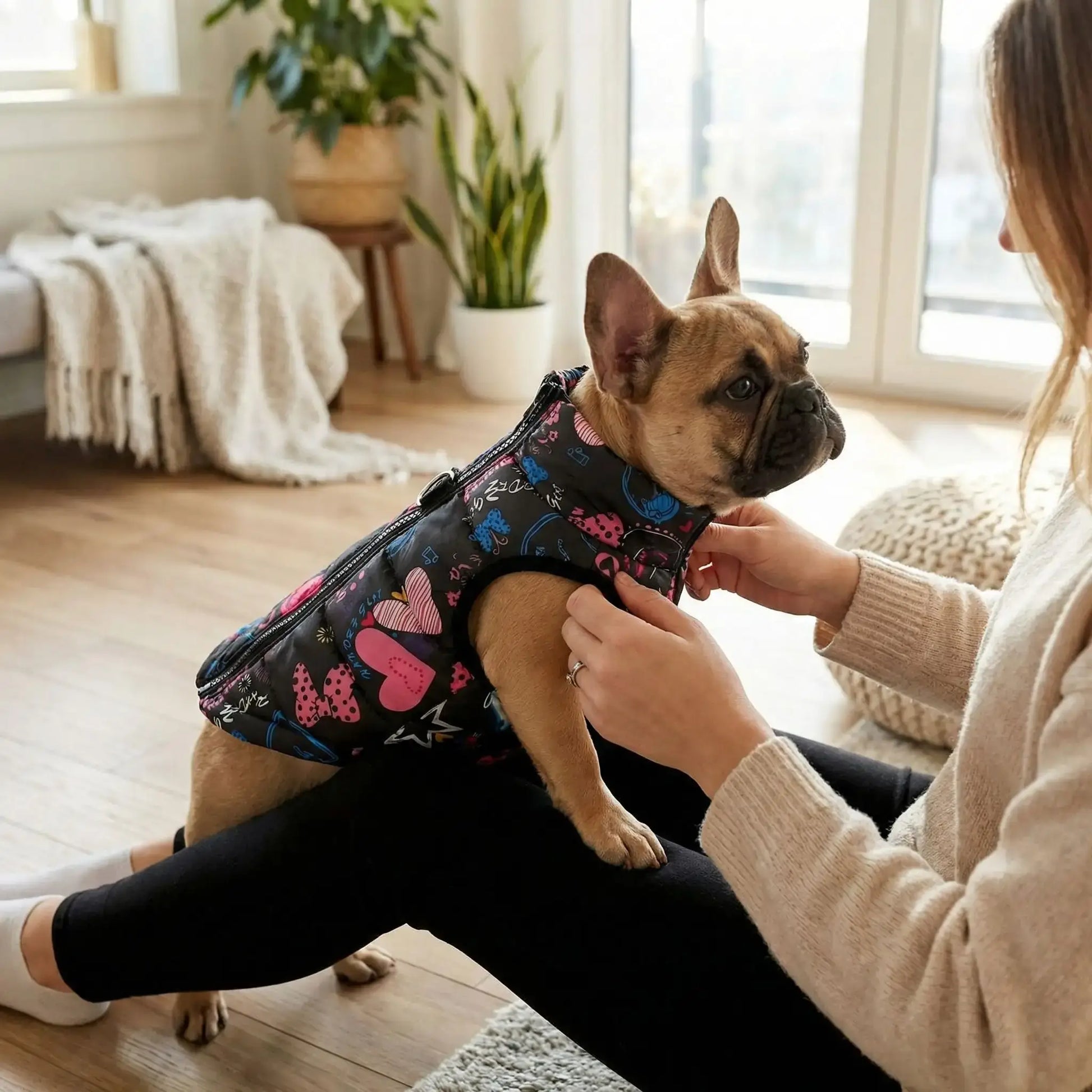 Un bouledogue français avec sa maîtresse dans un salon est vêtu d'un manteau pour chien noir au motif avec cœur.