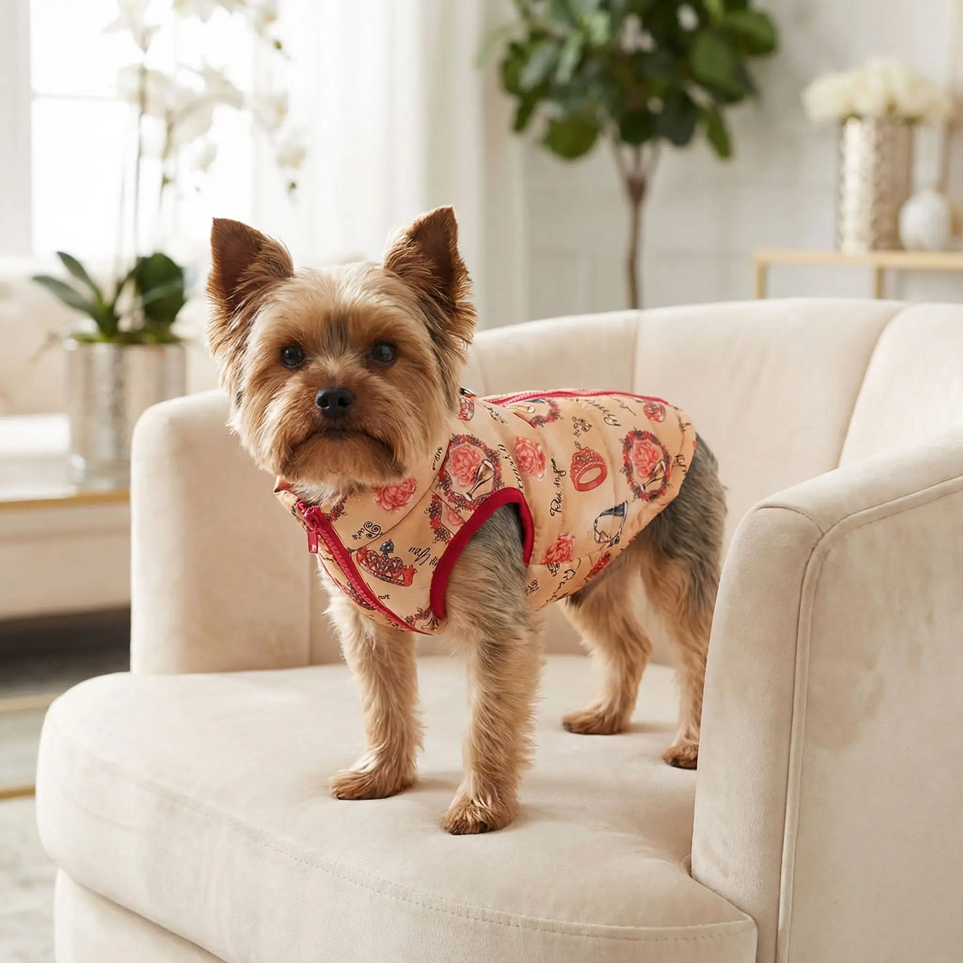 Un Yorkshire debout sur un sofa est vêtu d'un manteau pour chien rouge imprimé.