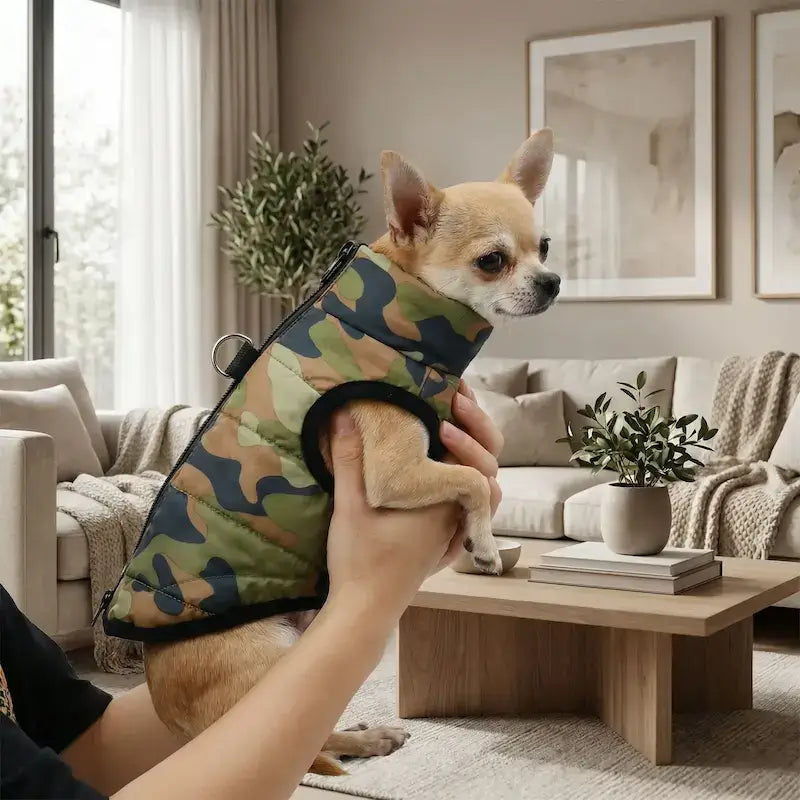 Un chihuahua dans un salon dans les mains de son maître est vêtu d'un manteau pour chien vert camouflage.
