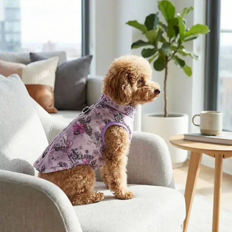 Un caniche assis sur un sofa est vêtu d'un manteau pour chien violet avec motif écriture happy.