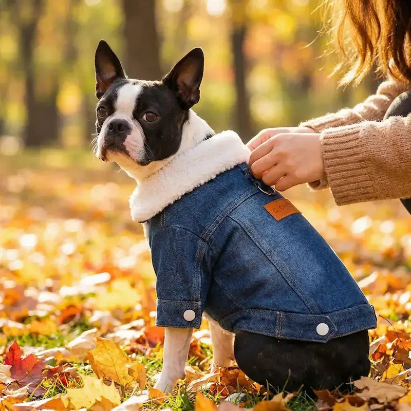 Une femme met en place sur son boston terrier assis sur la pelouse en automne son manteau pour chien bleu.