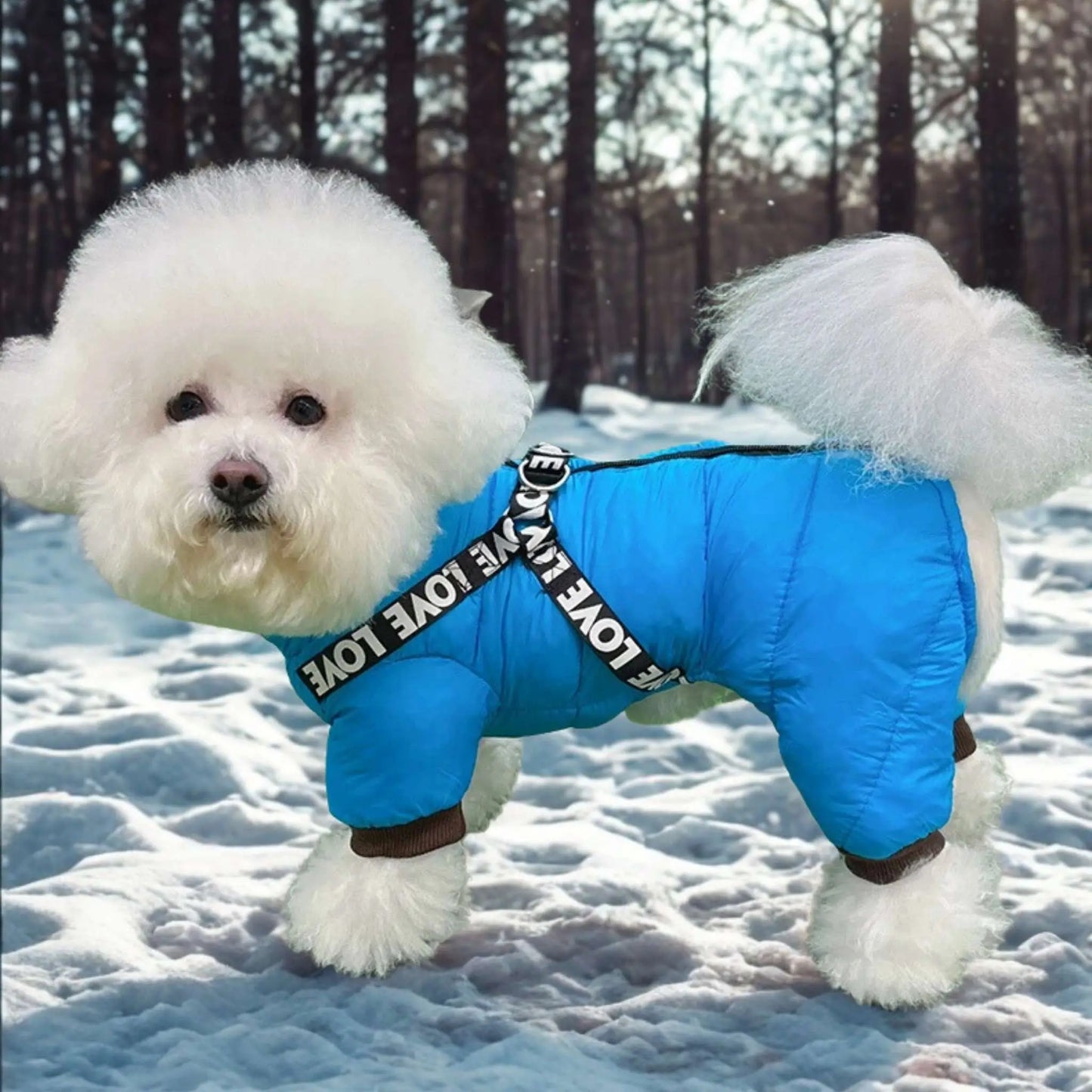 Vue latérale d'un bichon frisé dans la neige vêtu d'un manteau pour petit chien bleu.