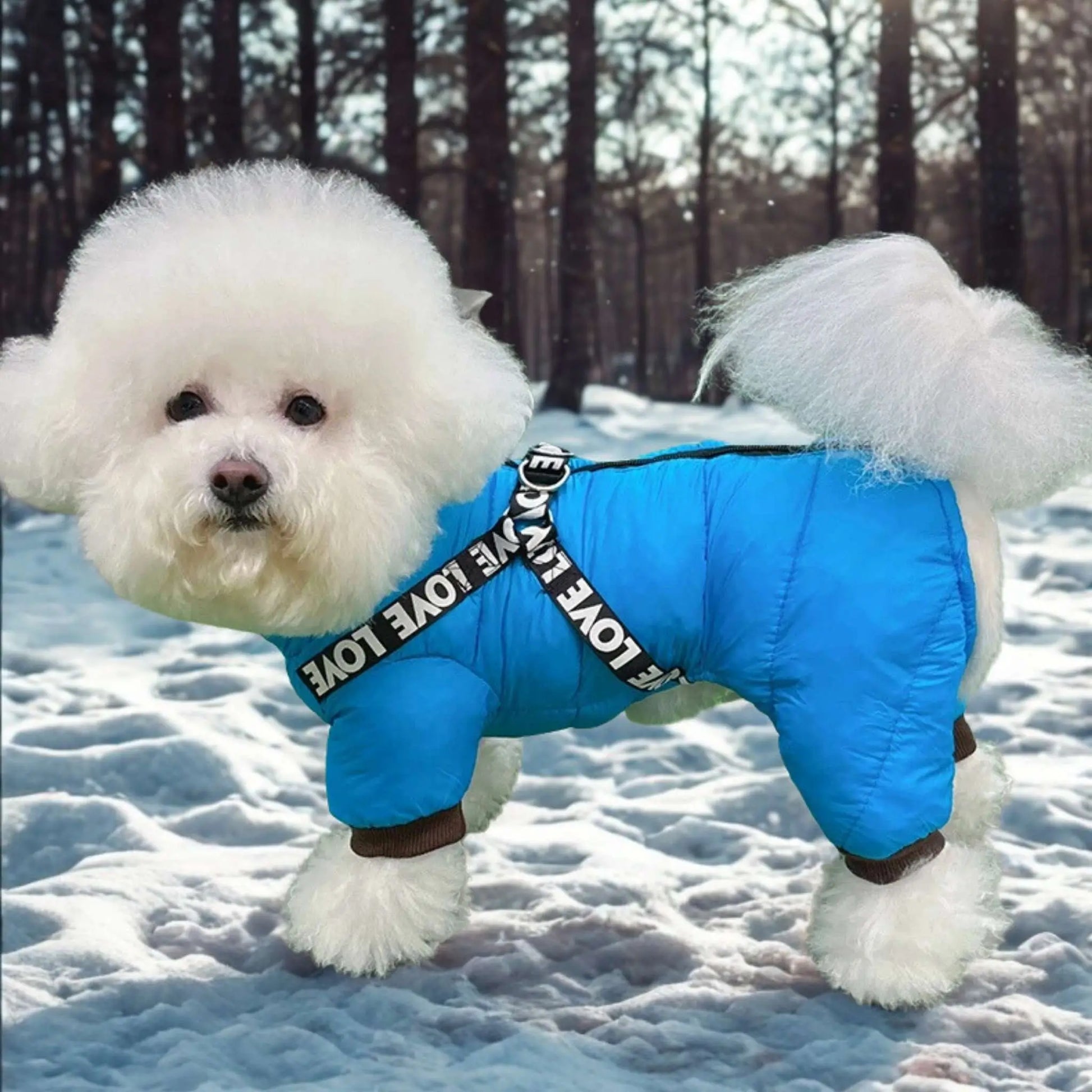 Vue latérale d'un bichon frisé dans la neige vêtu d'un manteau pour petit chien bleu.
