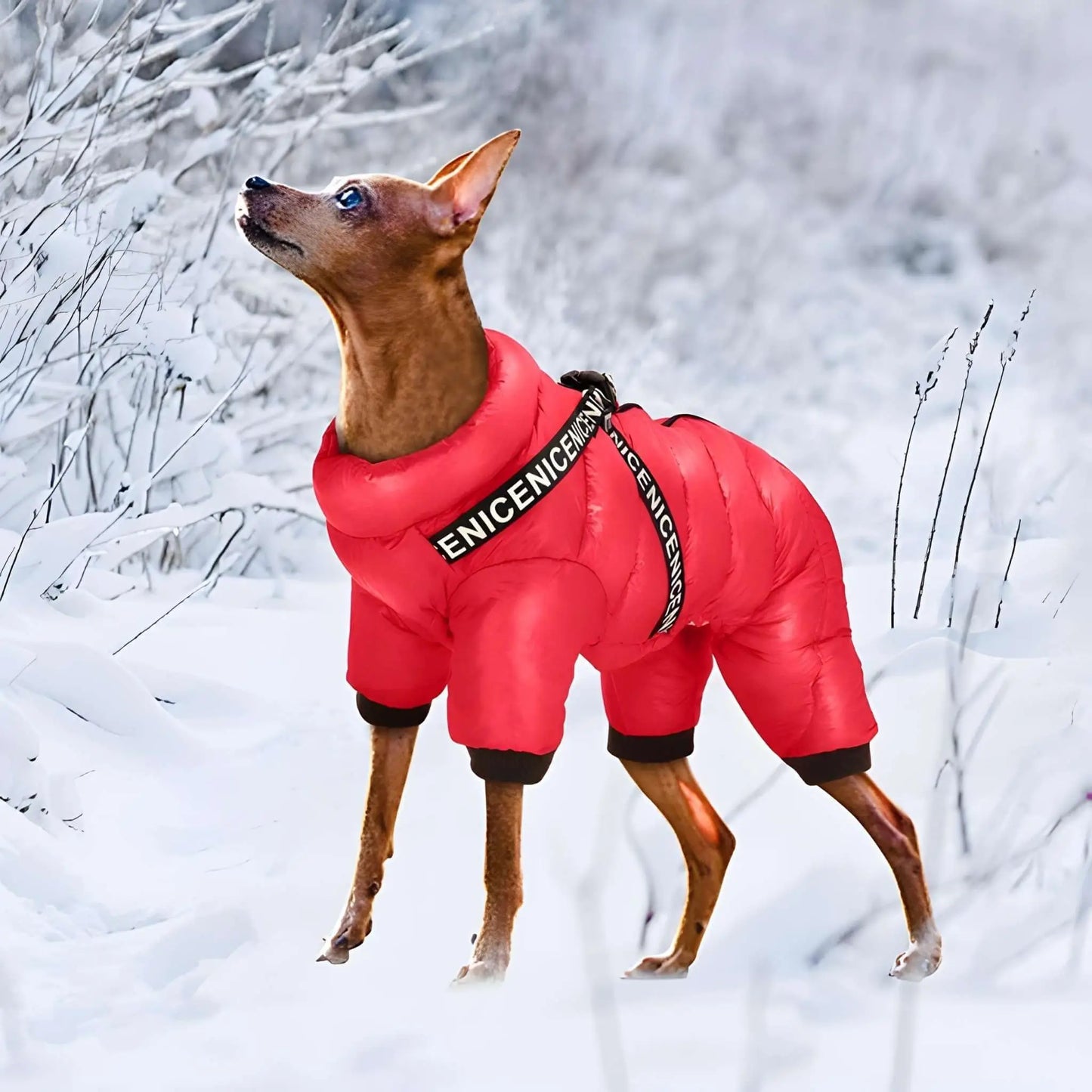 Un chihuahua dans la neige est vêtu d'un manteau pour petit chien rouge.