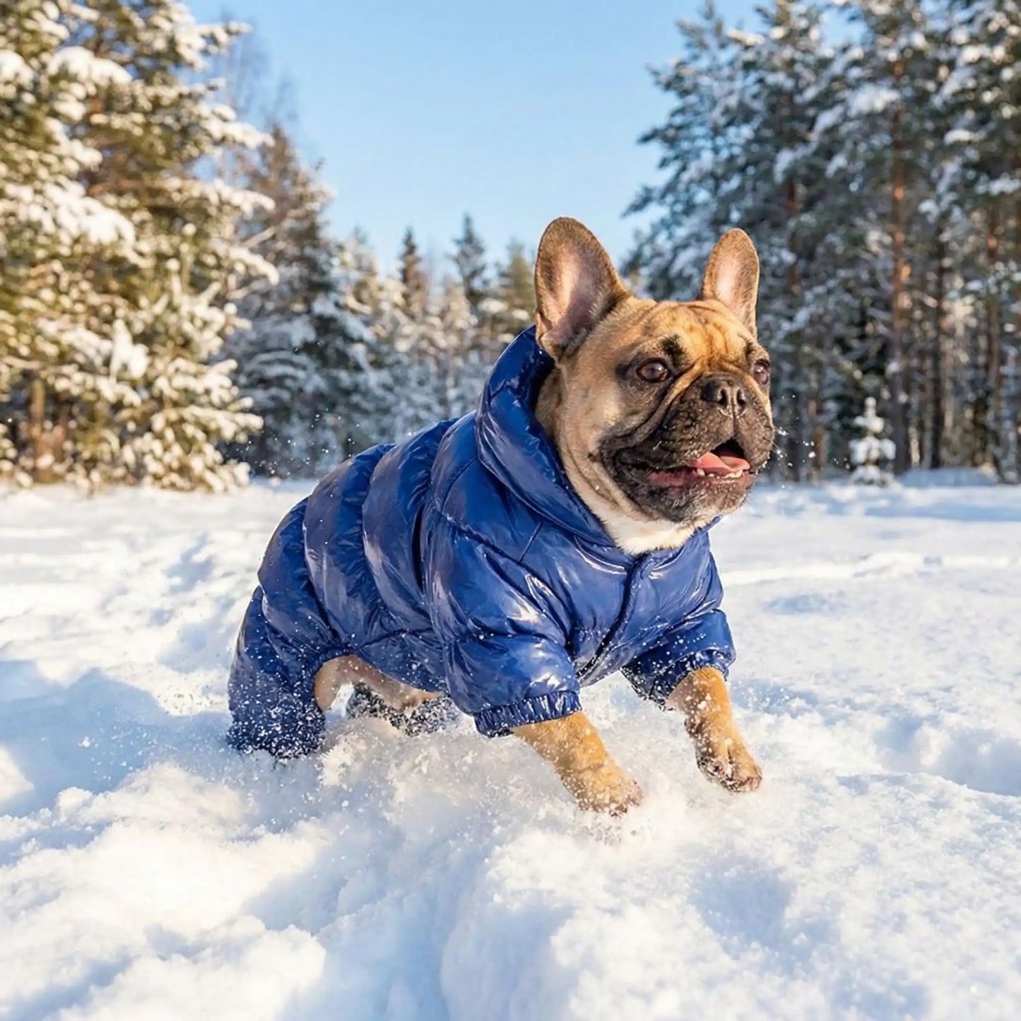 Un bouledogue français court dans la neige avec son manteau pour petit chien bleu.
