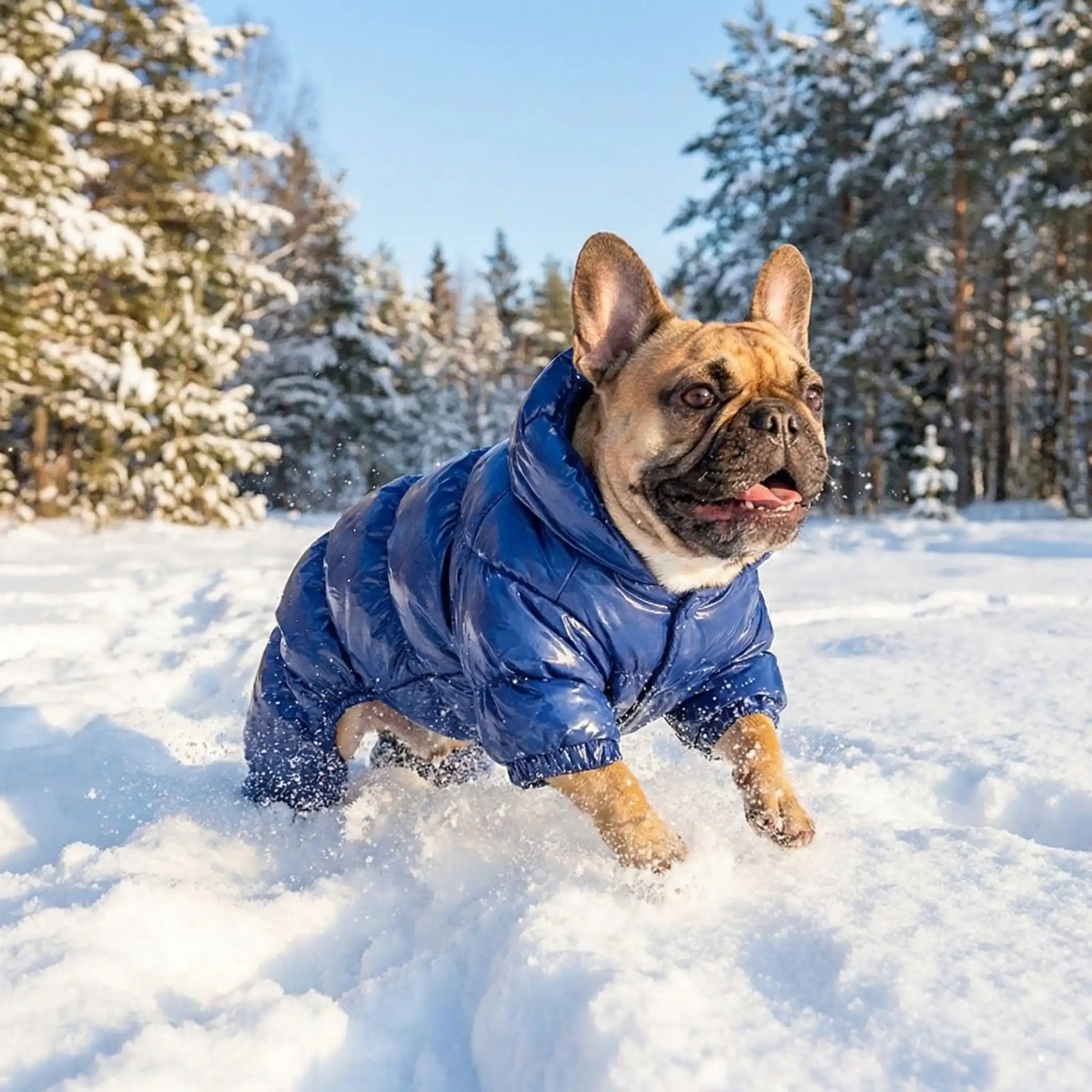 Un bouledogue français court dans la neige avec son manteau pour petit chien bleu.