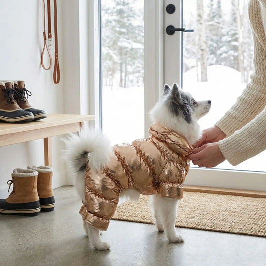 Un spitz japonais nain sur le porche se prépare à sortir dans la neige avec son manteau pour petit chien gold.