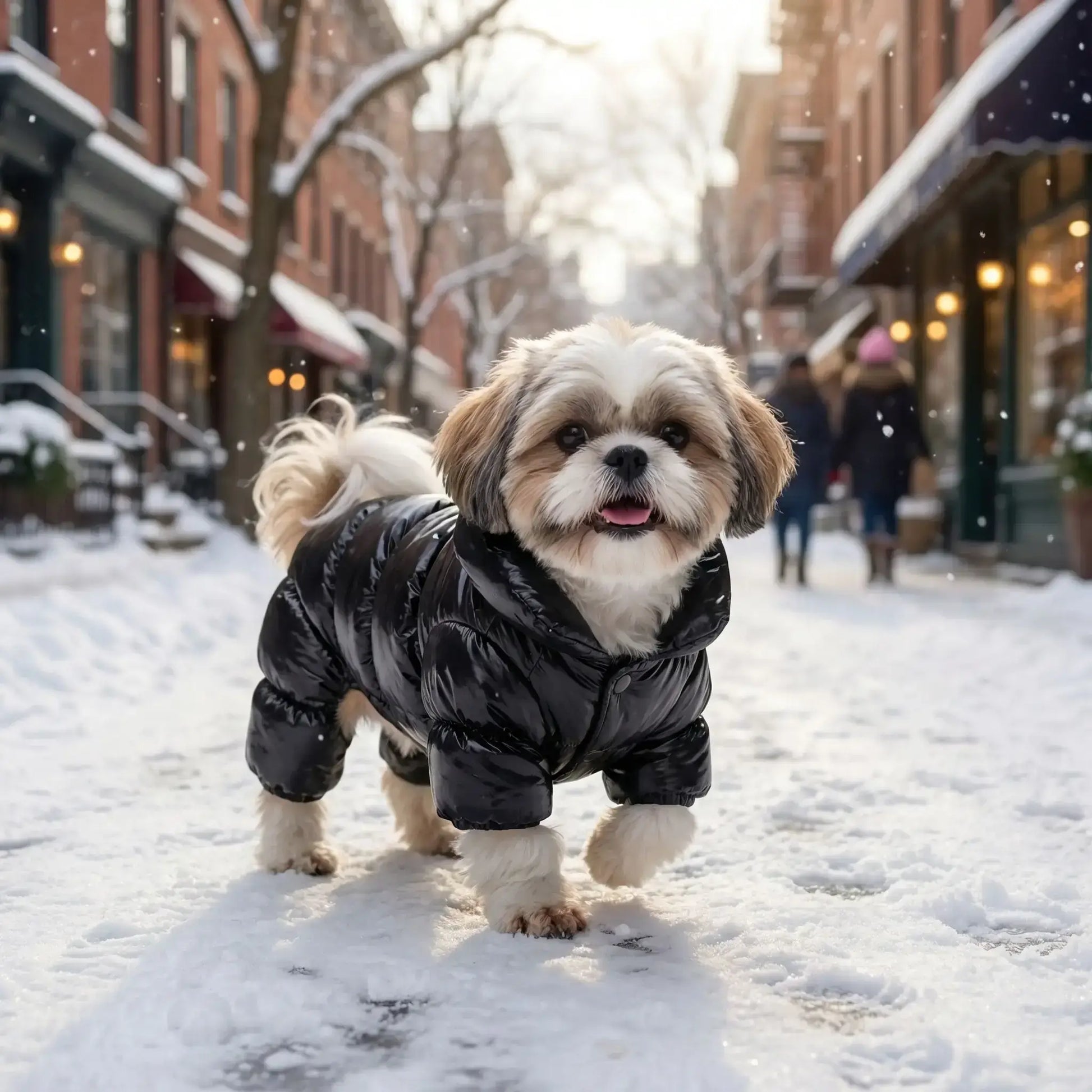 Un shih tzu dans la rue enneigée porte un manteau pour petit chien noir.
