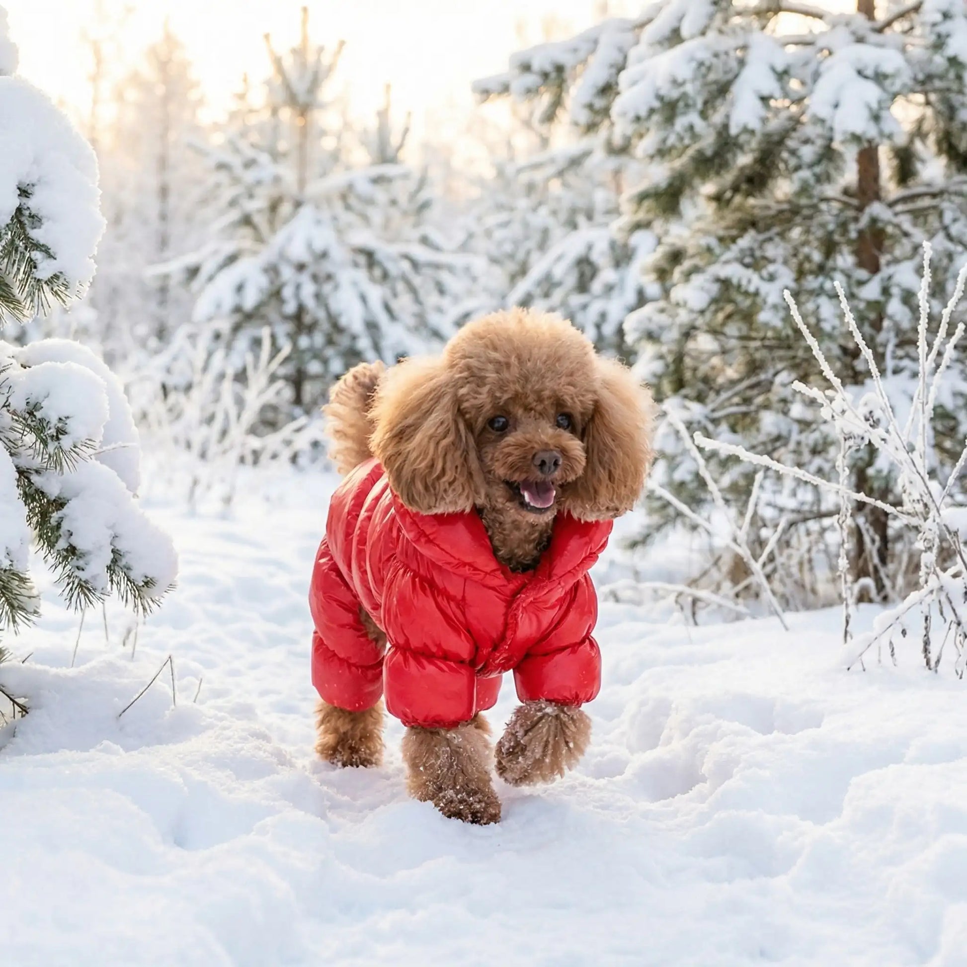 Un caniche marche dans la neige avec son manteau pour petit chien rouge.