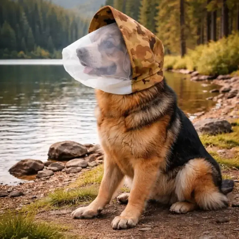 Un berger allemand près de l'eau est vetu d'un masque camouflage.