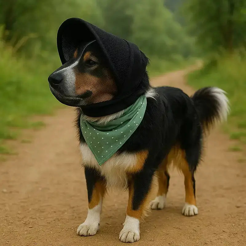 Un bouvier bernois vêtu d'un masque noir dans un sentier.