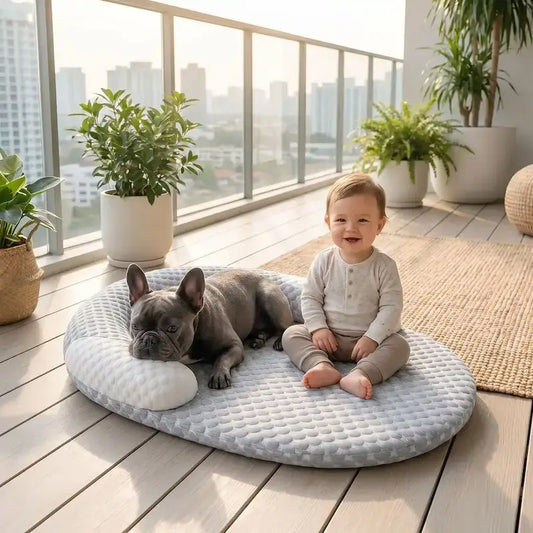 Un bébé sur un balcon assis avec son bouledogue français sur le matelas rafraichissant pour chien.