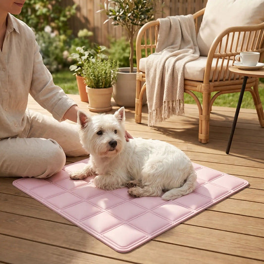 Un west highland allongé sur un matelas rafraichissant pour chien rose avec sa maitresse sur une terrasse.