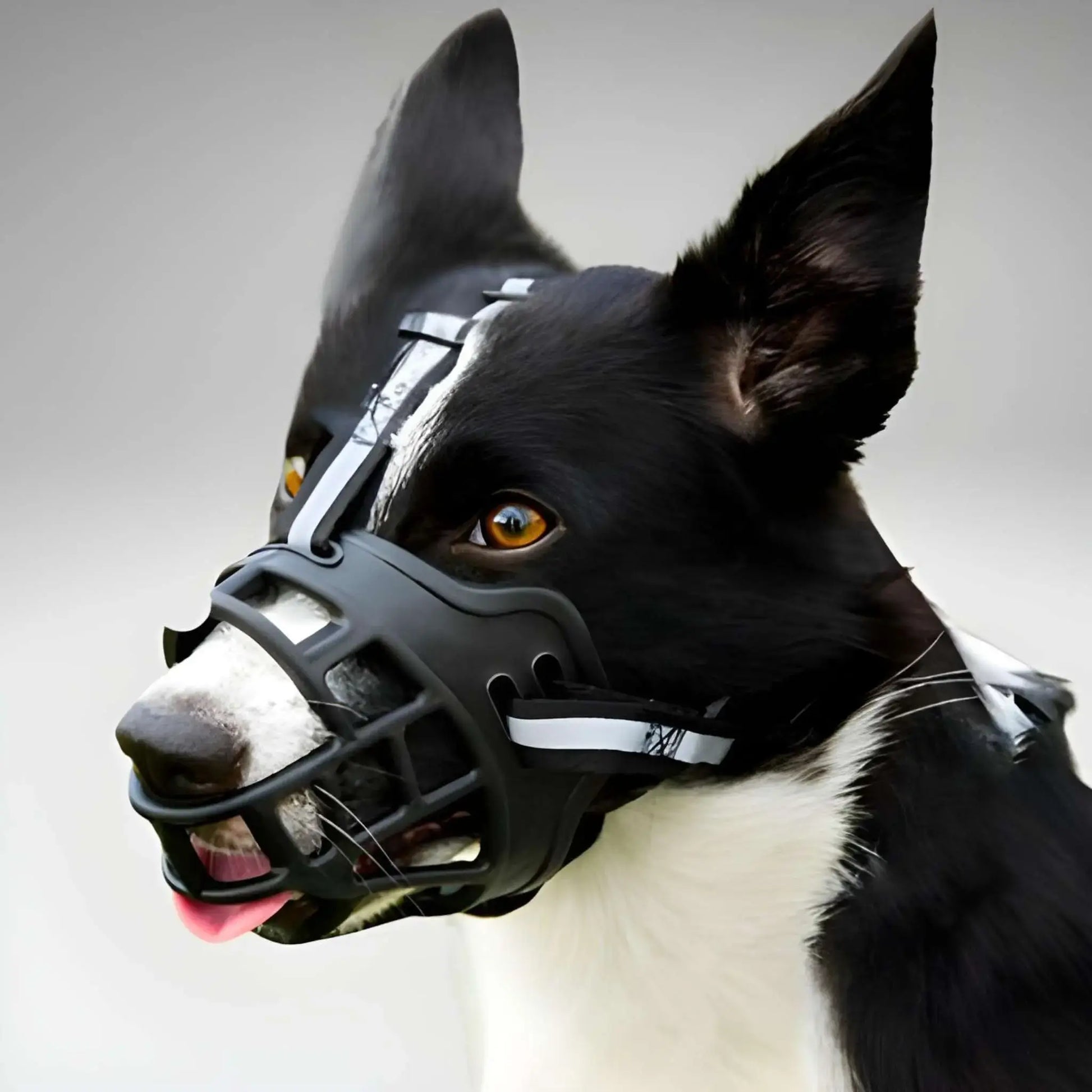 Un border collie avec une muselière pour chien noir.