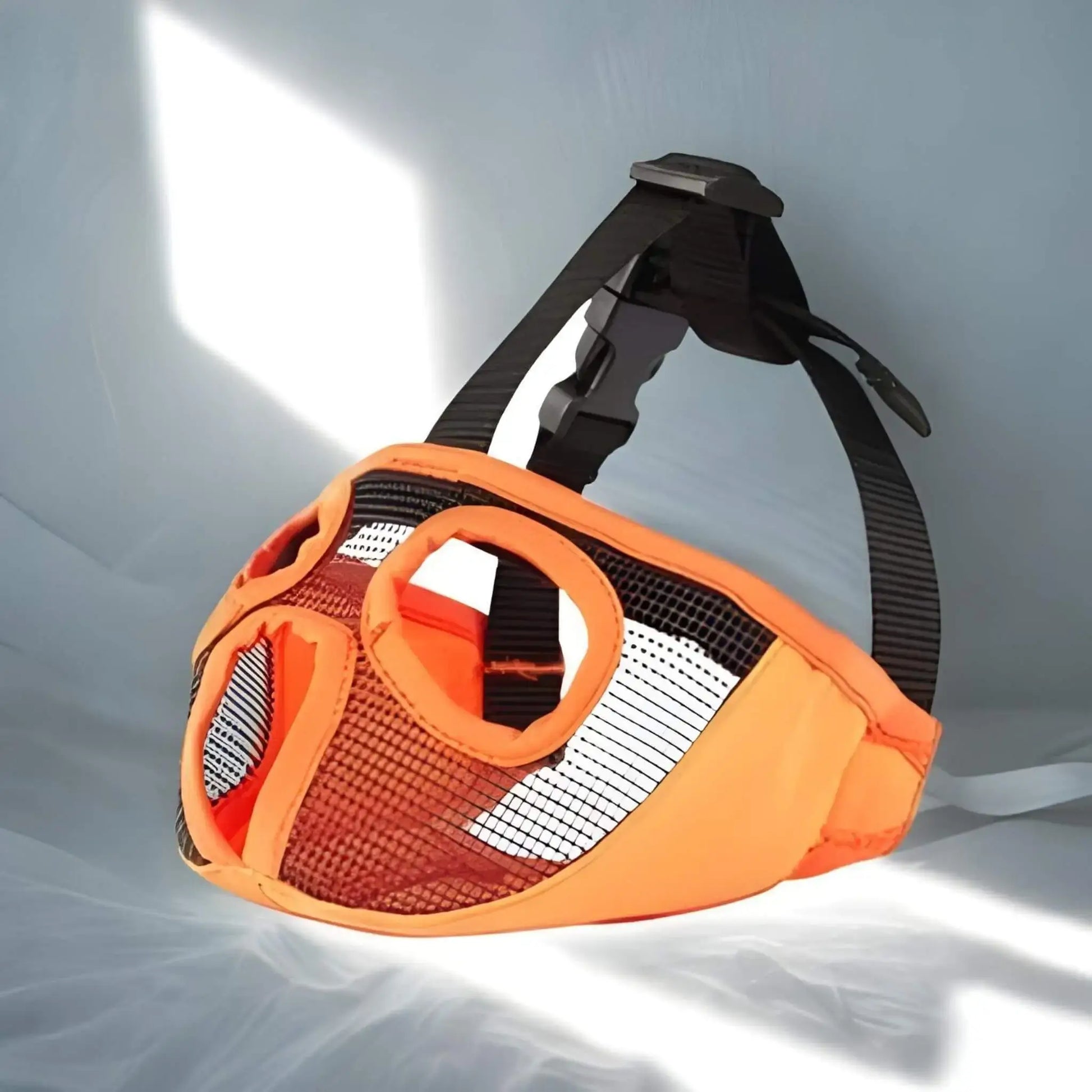 Une muselière pour bouledogue français avec trou pour les yeux orange. 