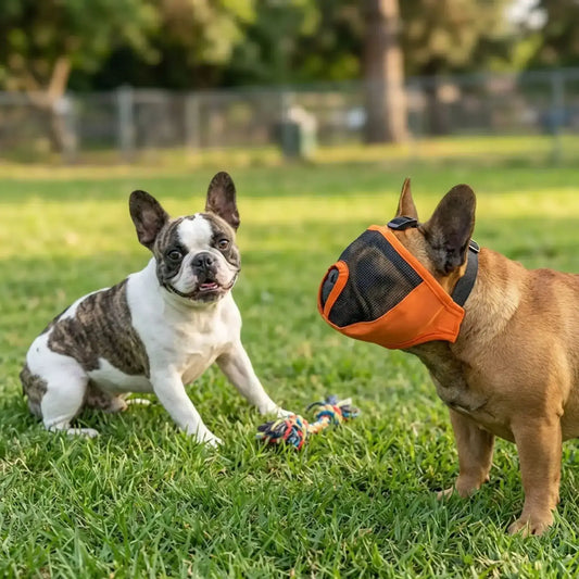 Deux bouledogues français, l'un est vêtu d'une muselière pour bouledogue français plein visage de couleur orange.