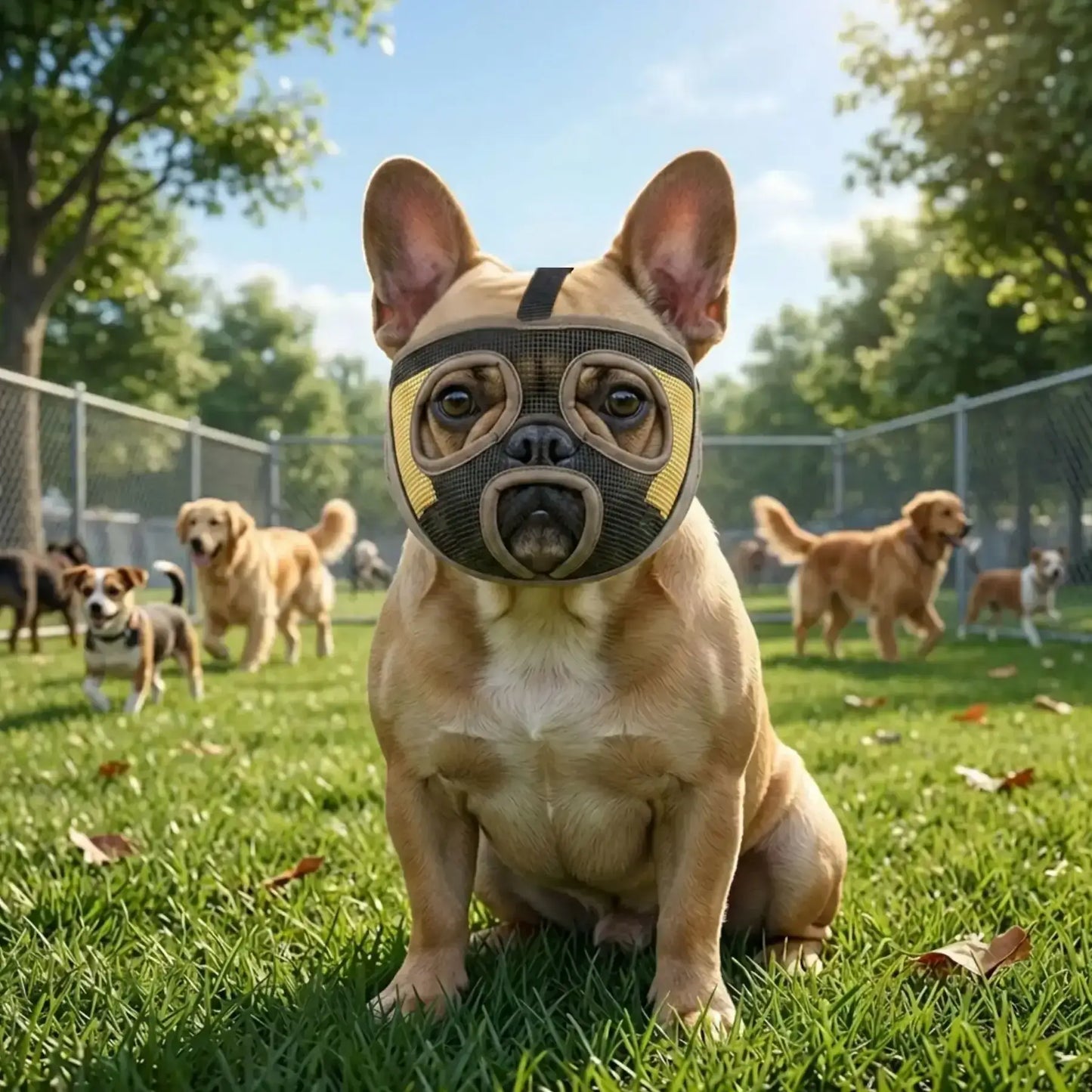 Un bouledogue français au parc à chiens est vêtu d'une muselière pour bouledogue français de couleur marron.