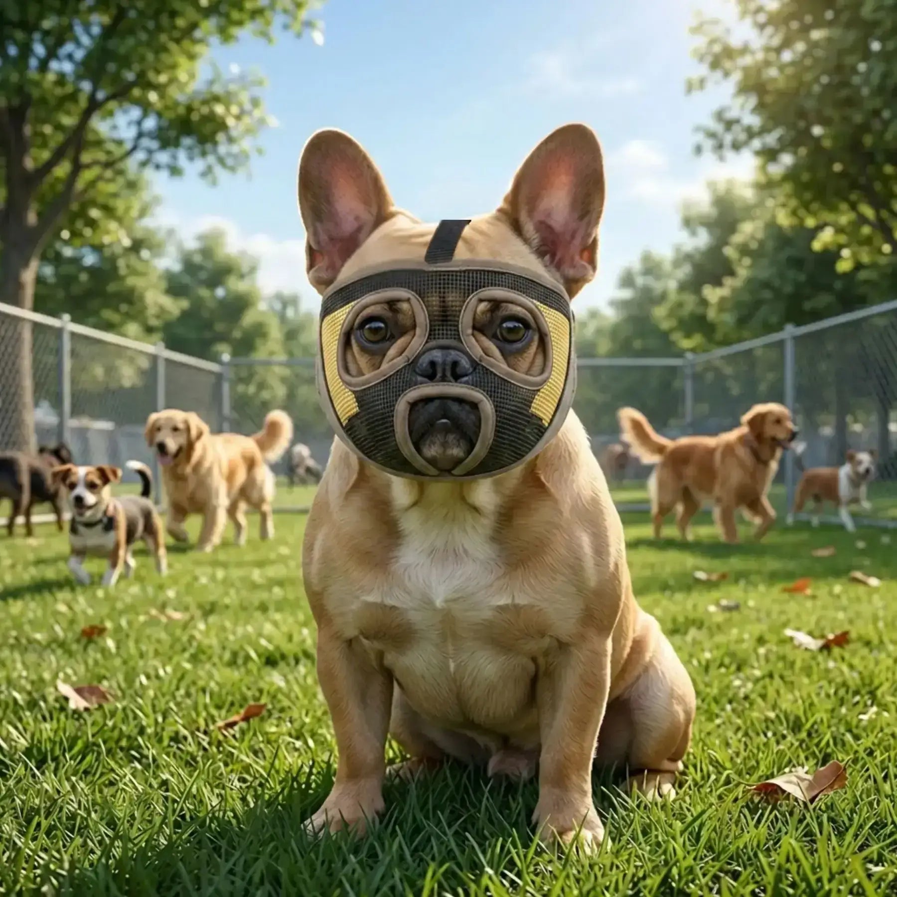 Un bouledogue français au parc à chiens est vêtu d'une muselière pour bouledogue français de couleur marron.