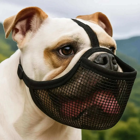 Un bouledogue anglais avec une muselière pour bouledogue français noir.
