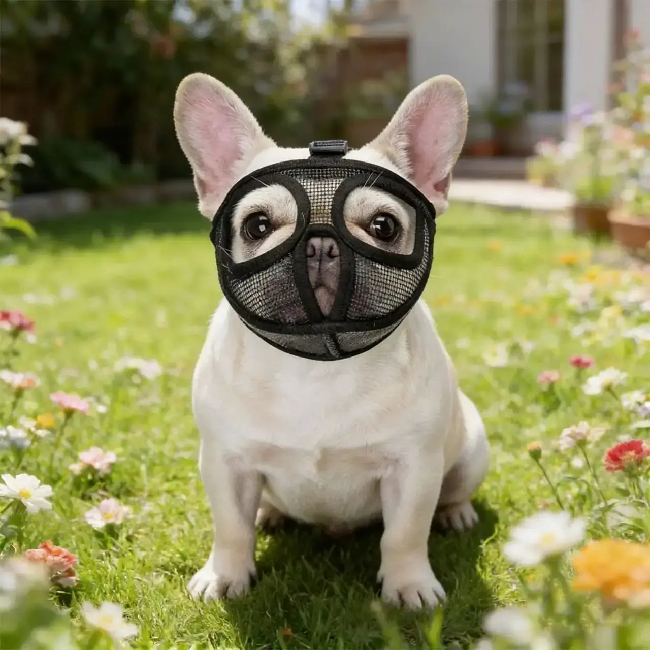 Un bouledogue français assis sur une pelouse dans l'arrière-cour porte une muselière pour bouledogue noire.