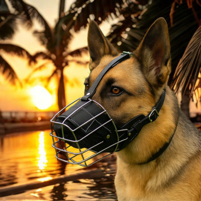 museliere cage noir berger allemand couche soleil palmier