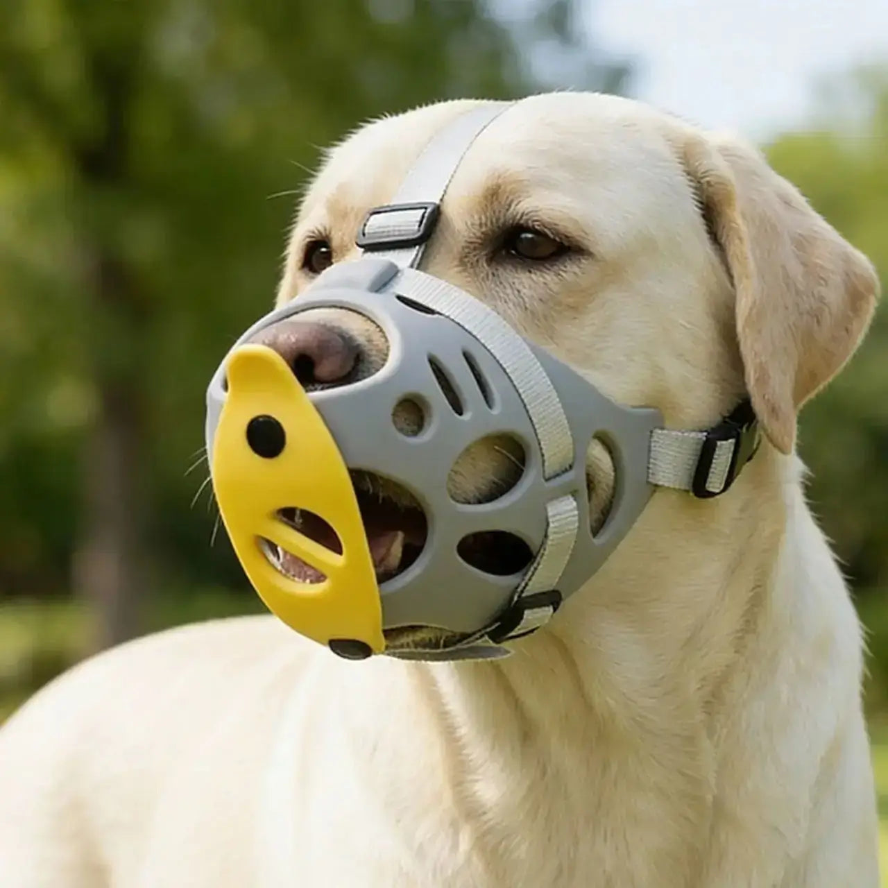 Un labrador avec une muselière anti-morsure grise.