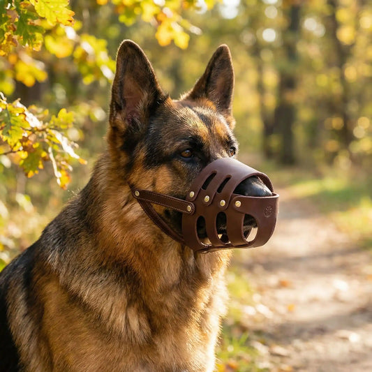 Un berger allemand assis dans la forêt porte la muselière pour chien marron.