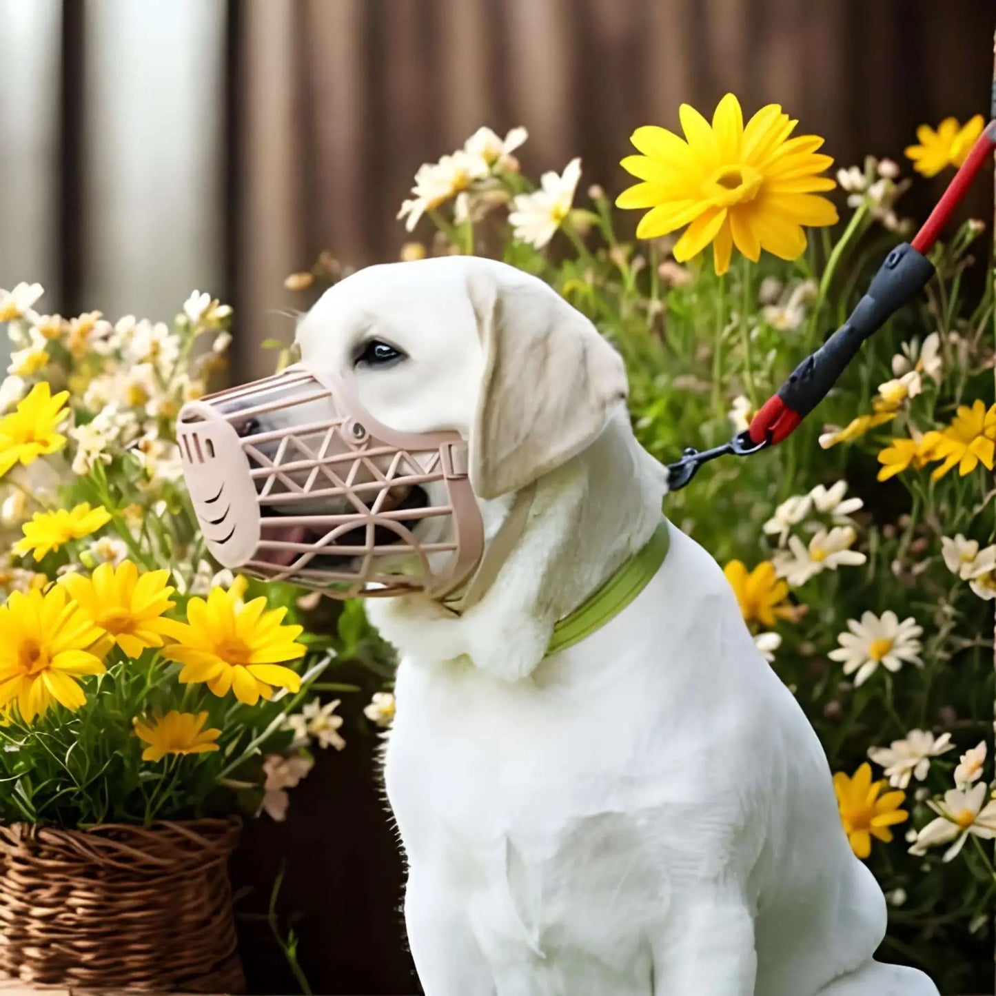 Un labrador assis devant des fleurs porte une muselière pour chien couleur chair.